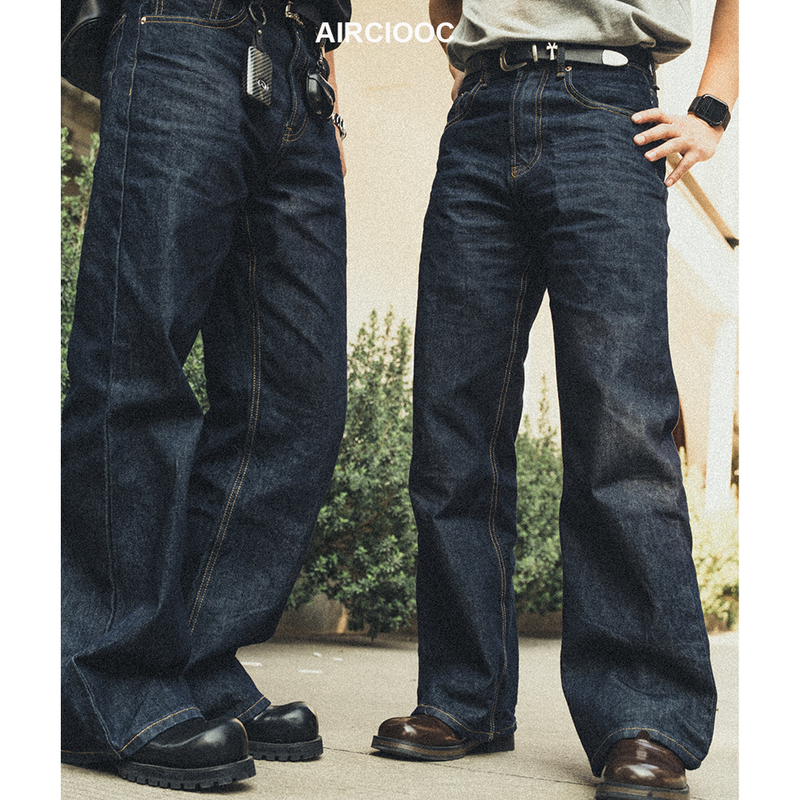 Airciooc14.5Oz American Style Raw Denim Straight-Leg Flared Indigo Jeans Vintage Wide-Leg Loose Black Pants