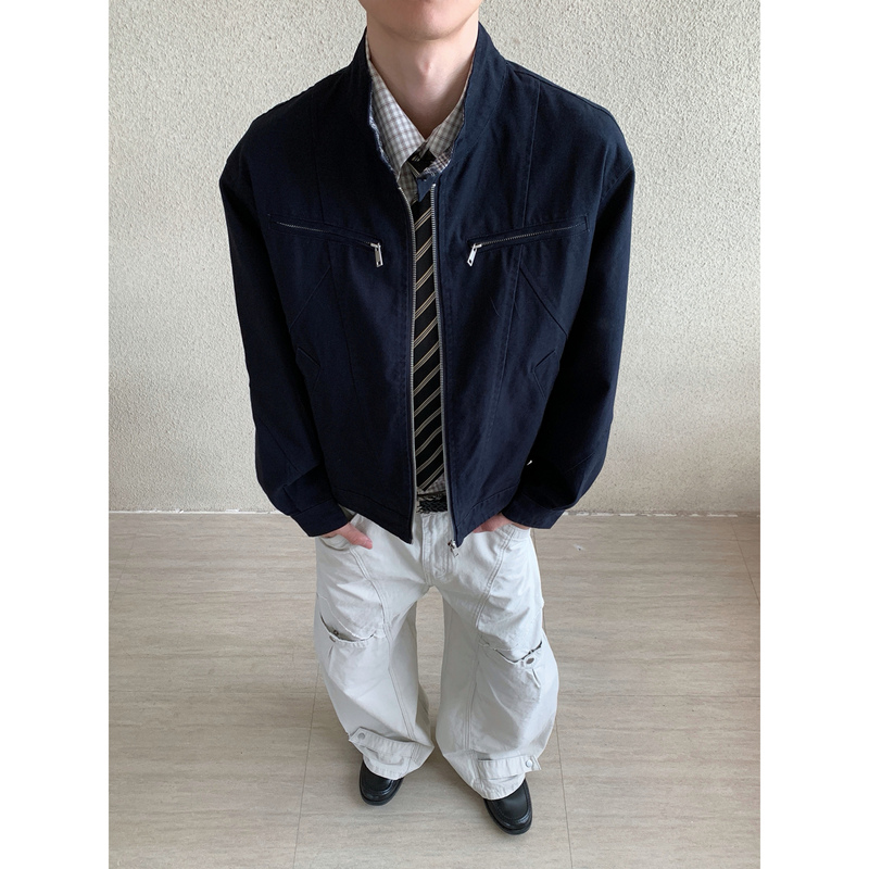 Chapter1 Harrington Jacket Cleanfit Heavyweight Washed Canvas Casual Stand Collar Short Wide Workwear Jacket for Men