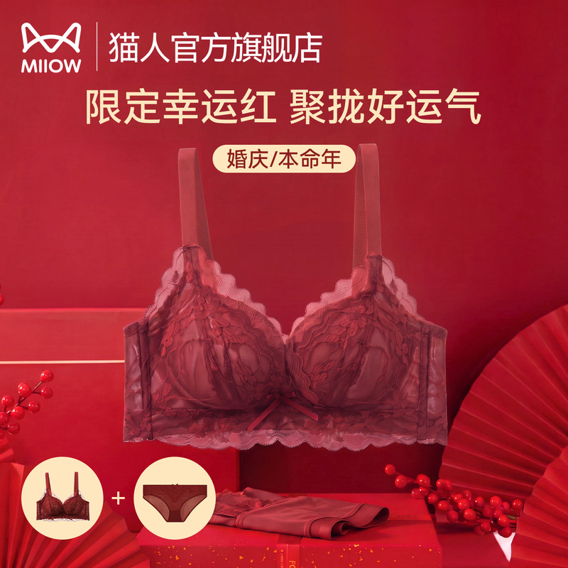 Catman Lace Red Lingerie Set for Women with Small Busts, Enhancing and Gathering Effect, Beautiful Back Bra and Panties, Bridal Wedding Gift Box