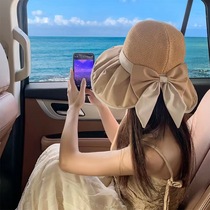 Jiaoxia 2024 Korean style bow fisherman hat summer black plastic sunscreen big brim hat for women fashion splicing breathable sunshade