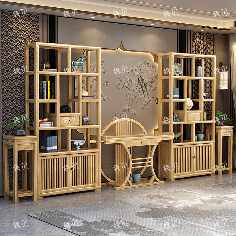 Solid Wood Display Shelf in Natural Wood Color, New Chinese-Style Bookshelf, Multi-Purpose Rack, Office Partition Shelf, Tea Display Cabinet Solid Wood Display Shelf in Natural Wood Color, New Chinese-Style Bookshelf, Multi-Purpose Rack, Office Partition Shelf, Tea Display Cabinet