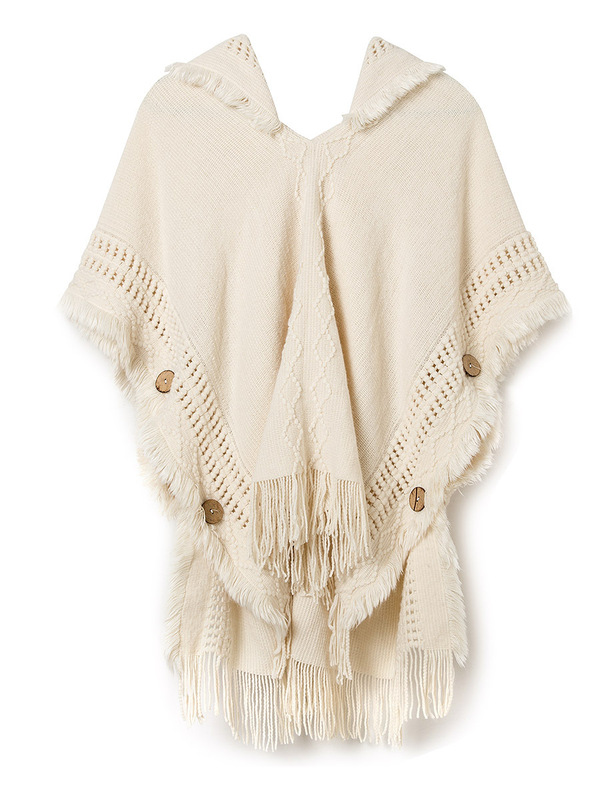 Spring, Autumn, and Winter Large-Size Hollow-Out Tassel Knit Sweater Pullover Buttoned Batwing Hooded Cape Shawl Sweater for Women