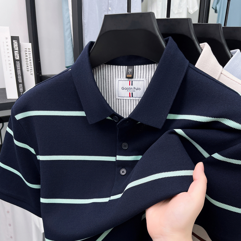 American Genuine Men's Polo Shirt with Lapel, Short-Sleeved, Business-Style, Loose Fit, Breathable, Striped, Pique Cotton T-Shirt, New Summer Model