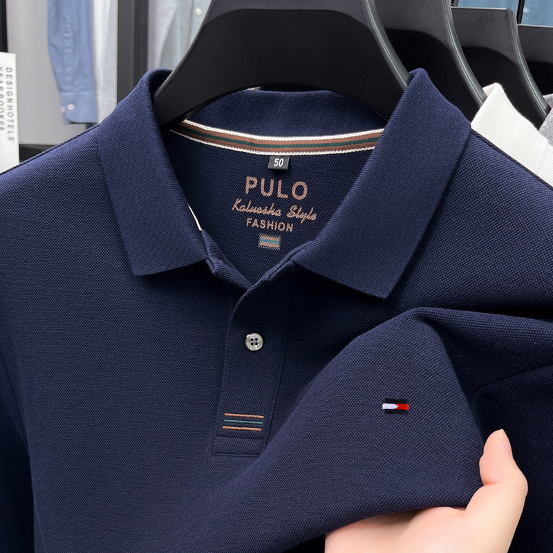 Authentic American Autumn and Winter Men's Lapel Long-Sleeve Polo Shirt, Pure Cotton Casual Loose Pique Cotton Embroidered T-Shirt Top