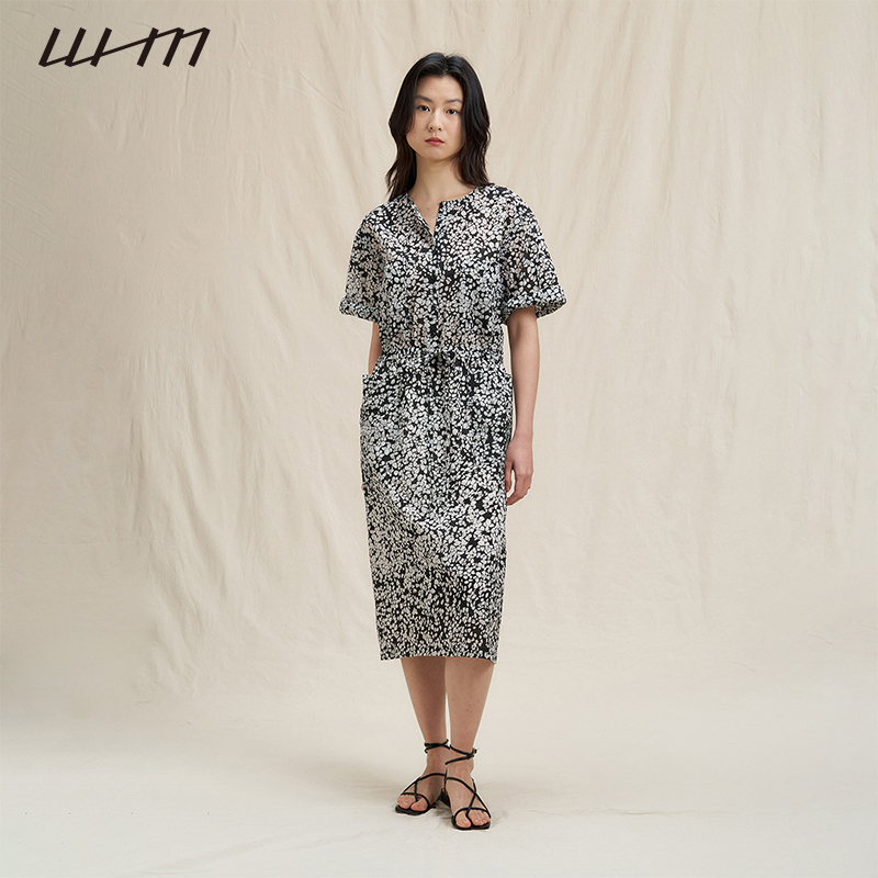 Whm Women's Stereo Printed Thin Cotton Patch Pocket Dress with Loose Mid-Sleeves