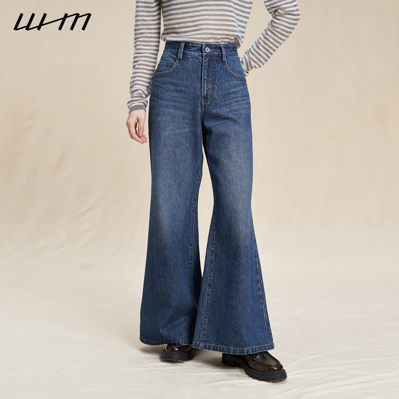 Whm Winter Women's Retro Slim-Fit Washed Twill Denim Loose Flared Pants Whm Winter Women's Retro Slim-Fit Washed Twill Denim Loose Flared Pants
