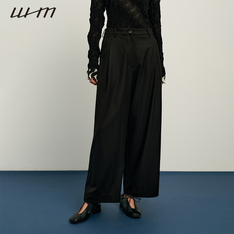 Whm Women's Wool Pique Single Pleated Straight Leg Pants