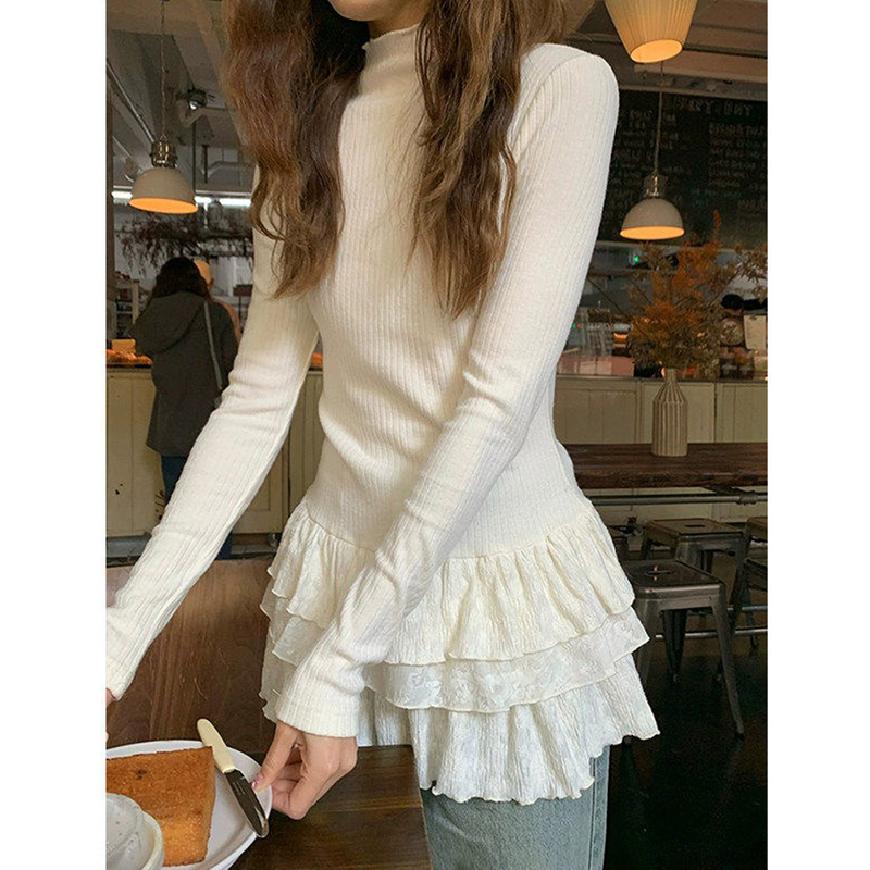 Half-High Collar Long-Sleeved T-Shirt for Women 2026 Autumn and Winter New Style Lace Edge Layered Slim Fit Inner Layering Top Ins