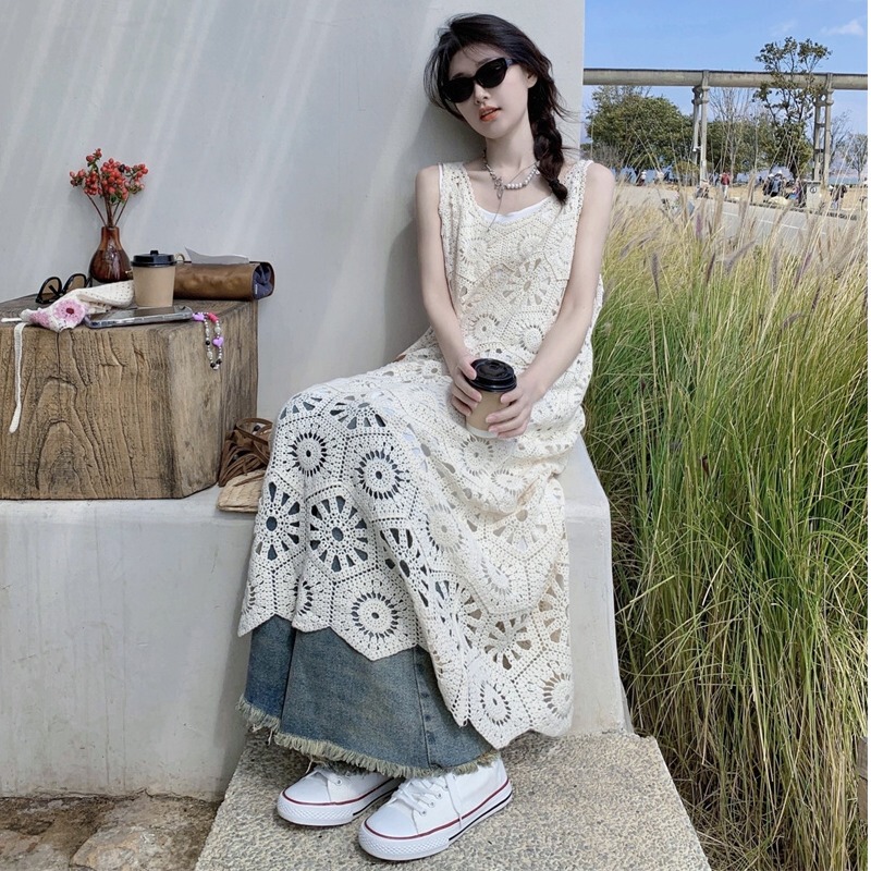 Bohemian Ethnic Style Hollow-Out Knitted Camisole for Women, Summer Outerwear, Mid-Length Lace Sun Protection Cover-Up, Thin