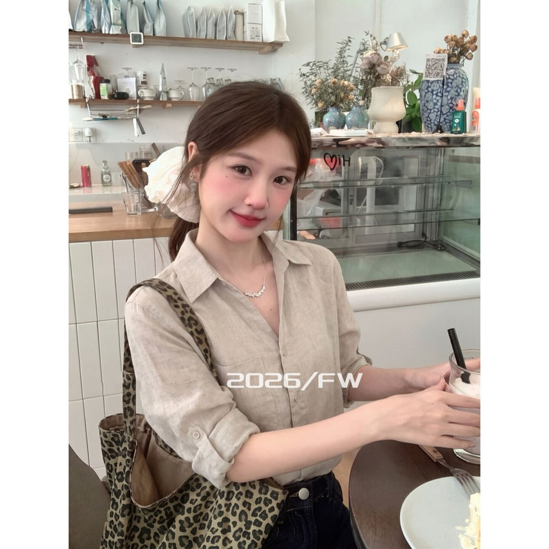 Vintage Henry Collar Top for Women, Autumn 2026 New Style, High-Fashion V-Neck, Natural Linen Color, Long-Sleeve Shirt, Blouse, Jacket Vintage Henry Collar Top for Women, Autumn 2026 New Style, High-Fashion V-Neck, Natural Linen Color, Long-Sleeve Shirt, Blouse, Jacket