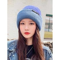 New Internet celebrity woolen hat for women in autumn and winter Korean version versatile plain label warm and cold hat black double-sided knitted hat