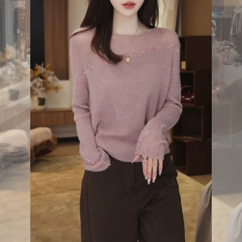 Korean-Style Design Sequin-Decorated Round-Neck Long-Sleeve Knit Sweater for Women, Loose Fit, Slimming Base Shirt Top Korean-Style Design Sequin-Decorated Round-Neck Long-Sleeve Knit Sweater for Women, Loose Fit, Slimming Base Shirt Top