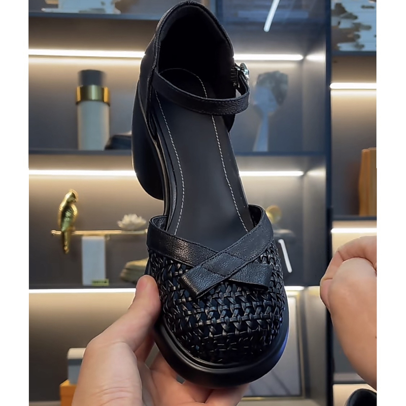 Sheepskin/8Cm/Small Size Height-Increasing Chunky Heel Thick-Soled Fashionable Versatile Summer Genuine Leather Closed-Toe Sandals for Women Sheepskin/8Cm/Small Size Height-Increasing Chunky Heel Thick-Soled Fashionable Versatile Summer Genuine Leather Closed-Toe Sandals for Women