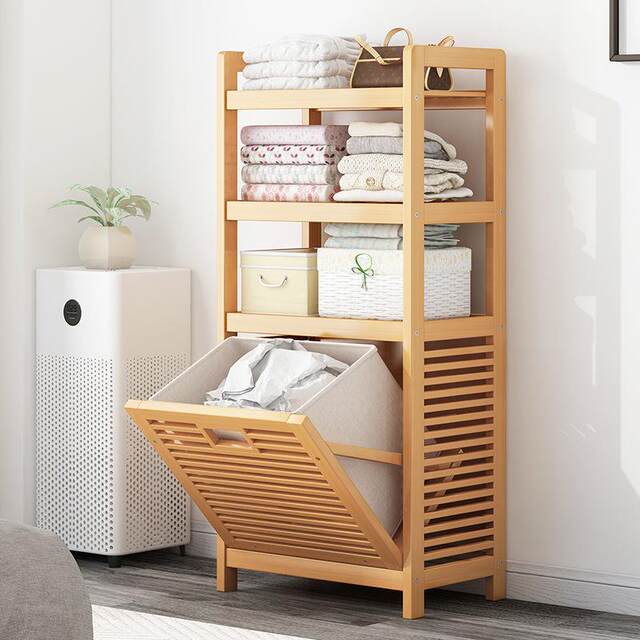 Household Japanese simple solid wood laundry basket storage rack multi-layer storage cabinet basket basket bathroom floor storage rack