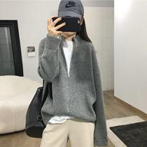 2022 autumn and winter new style lazy style casual loose solid color coat Korean style zipper stand collar long-sleeved knitted cardigan