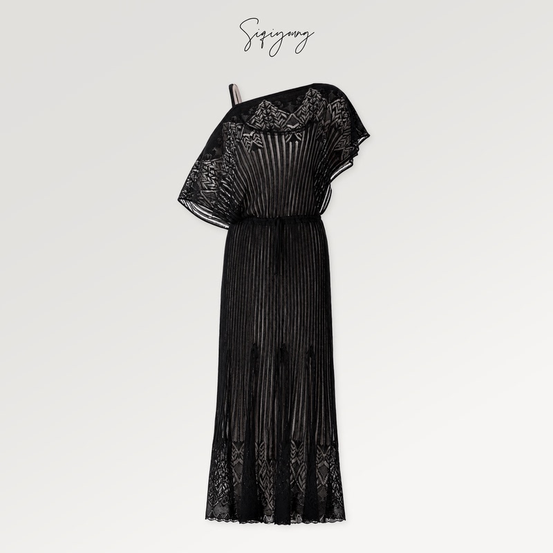 Siqiyoung Downton Abbey-Villa D'Este Cut-Out Dress Two-Piece Set Asymmetrical Elegant Black Dress
