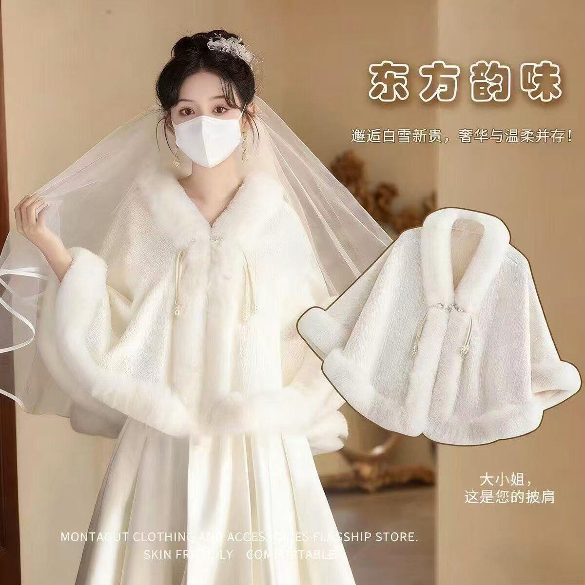 ウェディングドレスに合うファーコート、ファーショール、ウェディングケープ、暖かいウェディングケープ、白いプラスサイズのブライズメイドファーコート