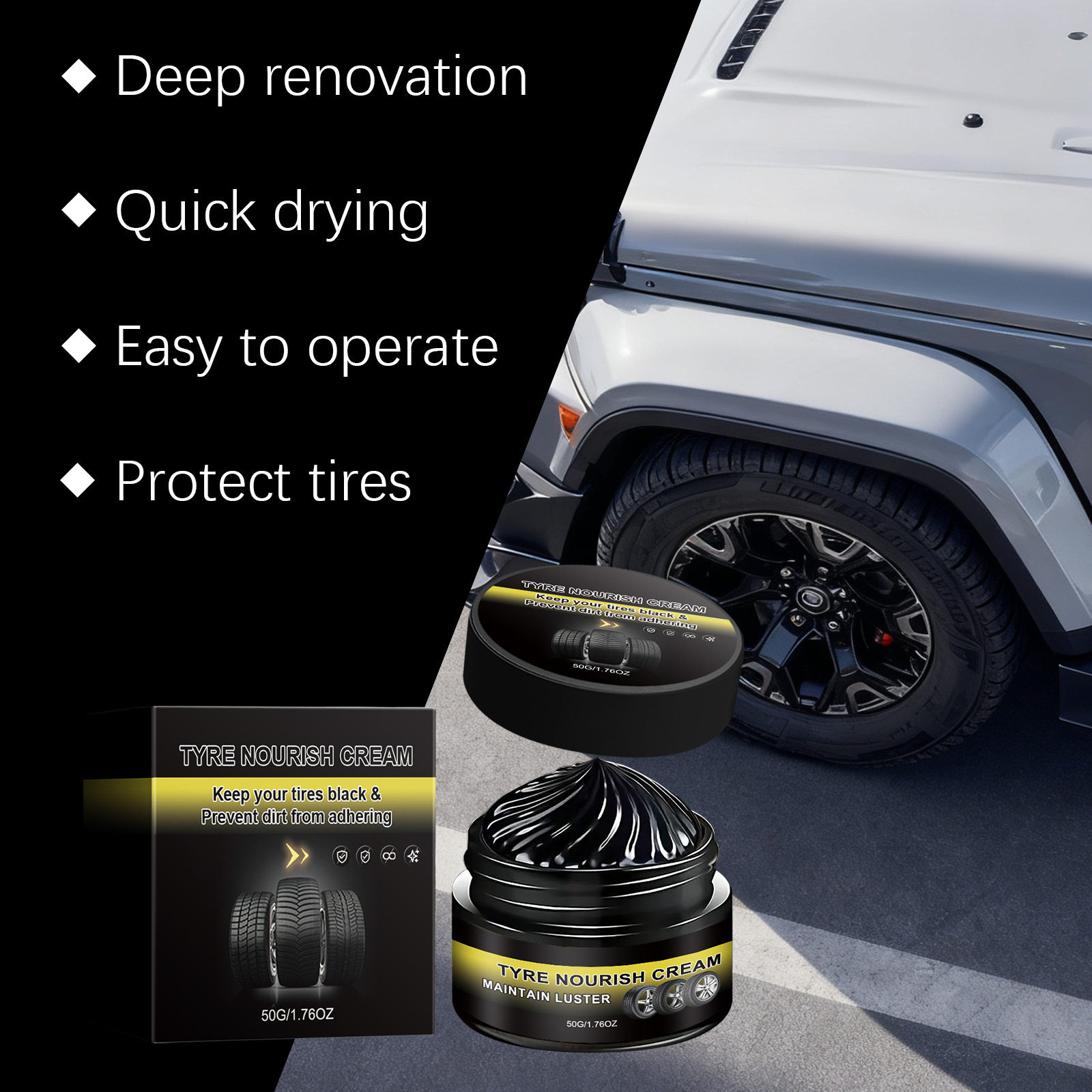 Tire Nourish Cream packaging and features