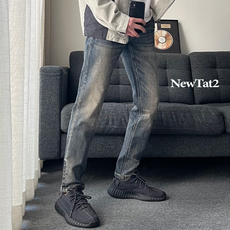 Newtat2 Paired with Coconut Yeezy Style High Street Retro Lyocell Jeans Straight-Leg Slim Fit Men's Stretch Newtat2 Paired with Coconut Yeezy Style High Street Retro Lyocell Jeans Straight-Leg Slim Fit Men's Stretch