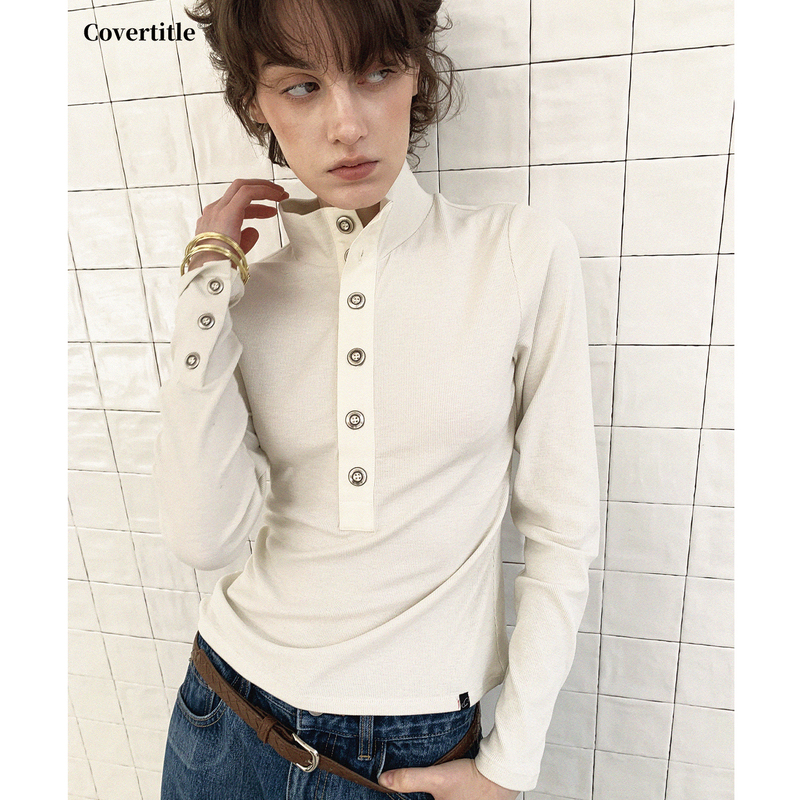 Covertitle Retro Stand-Up Collar Contrasting Henry Collar Slim-Fit Knitted Long-Sleeved Top Covertitle Retro Stand-Up Collar Contrasting Henry Collar Slim-Fit Knitted Long-Sleeved Top