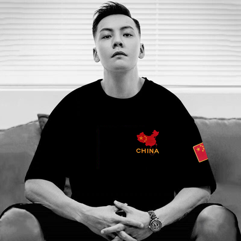Patriotic Youth Map T-Shirt Chinese Special Forces Clothes Five Star Red Flag Half Sleeve Men's Pure Cotton National Trend Embroidered Short Sleeve