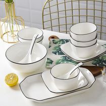 Plate ceramic dish set household internet celebrity ins modern simple European style creative combination black line rice plate tableware