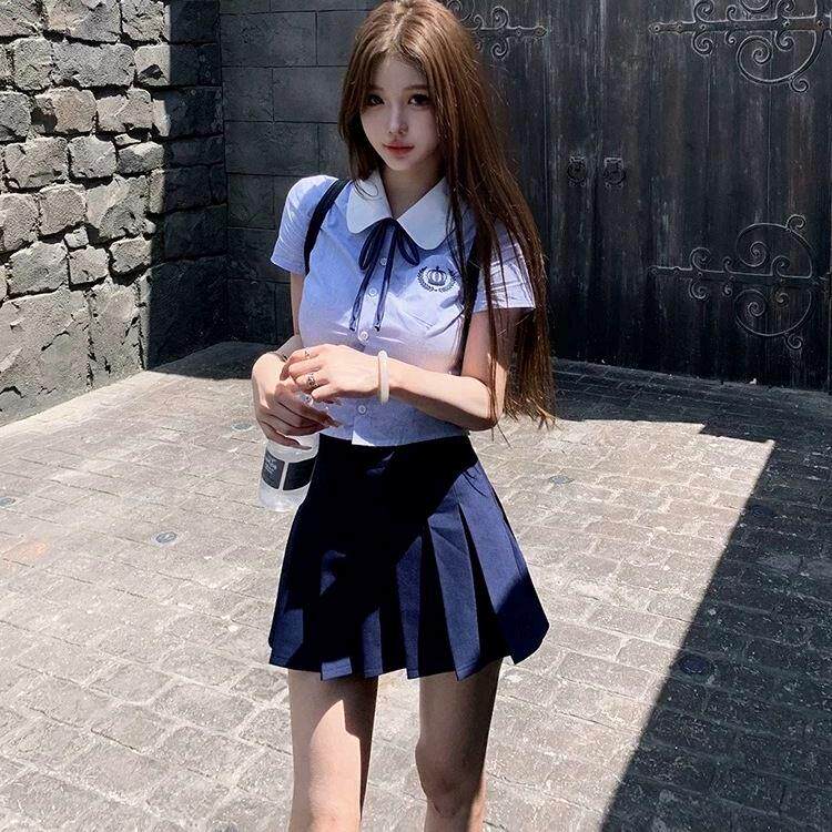 jk制服加工定制 蓝色学院风衬衫百褶裙套装女高级感jk上衣短裙两件套夏季2024新款