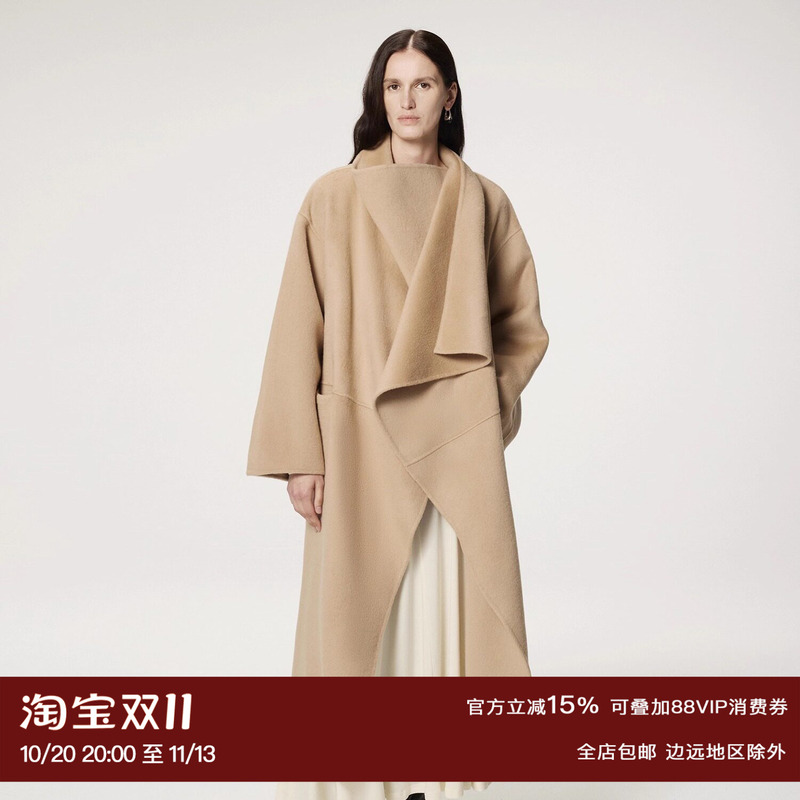 Ruthese Camel Wool Wrap-Around Collar Multi-Wear High-End Design Long Double-Sided Wool Coat for Winter