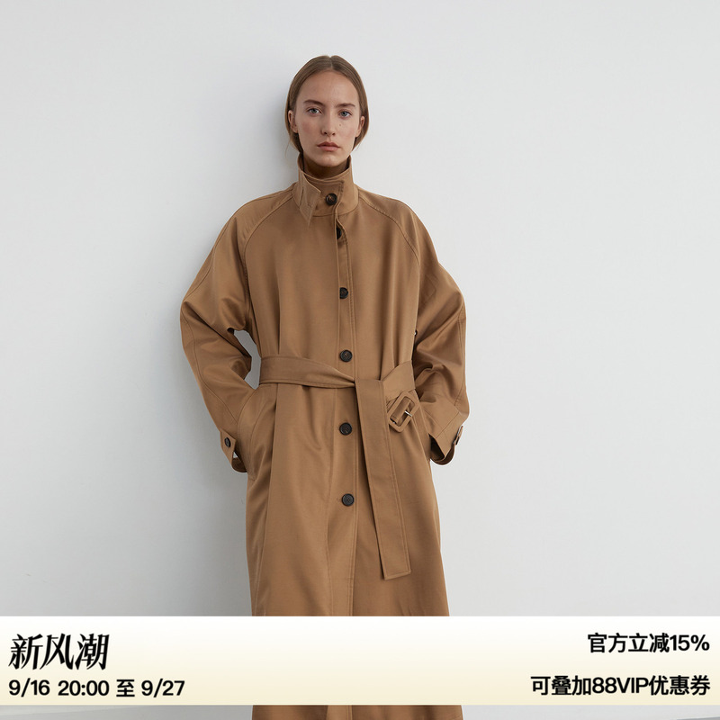 Ruthese Light Brown Glossy Stand-Up Collar Horn Button Long Trench Coat for Women, Autumn Double-Breasted Loose Trench Coat Jacket Ruthese Light Brown Glossy Stand-Up Collar Horn Button Long Trench Coat for Women, Autumn Double-Breasted Loose Trench Coat Jacket