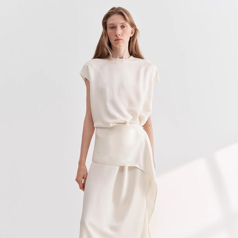 Ruthese Intelligent Structure Beige Satin Acetate Patchwork Wrap Elegant Silhouette High-End Dress Ruthese Intelligent Structure Beige Satin Acetate Patchwork Wrap Elegant Silhouette High-End Dress