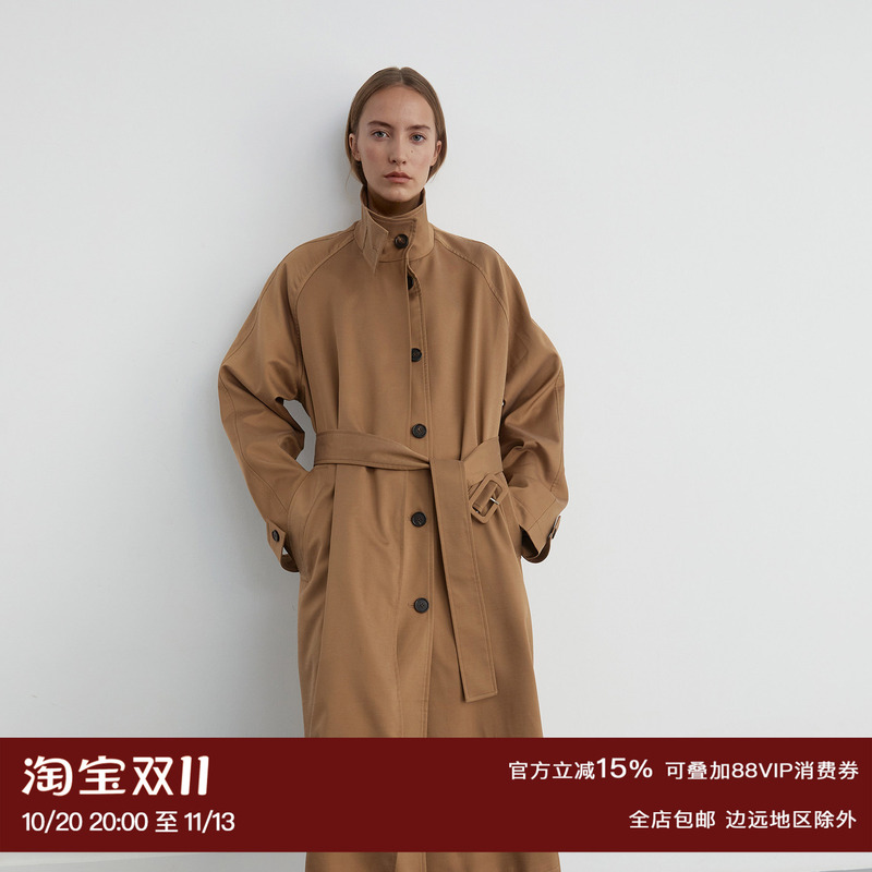 Ruthese Light Brown Glossy Stand-Up Collar Horn Button Long Trench Coat for Women, Autumn Double-Breasted Loose Trench Coat Jacket