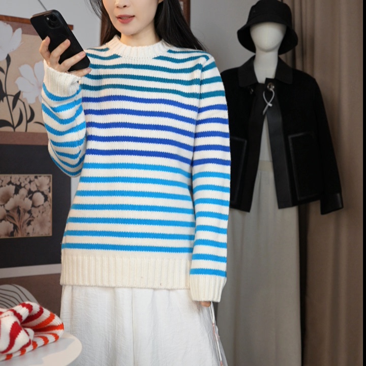 Super Soft Foreign-Made Product~Host's Personal Favorite~2026 New Model Round-Neck 7-Gauge Thick 100% Wool Striped Sweater