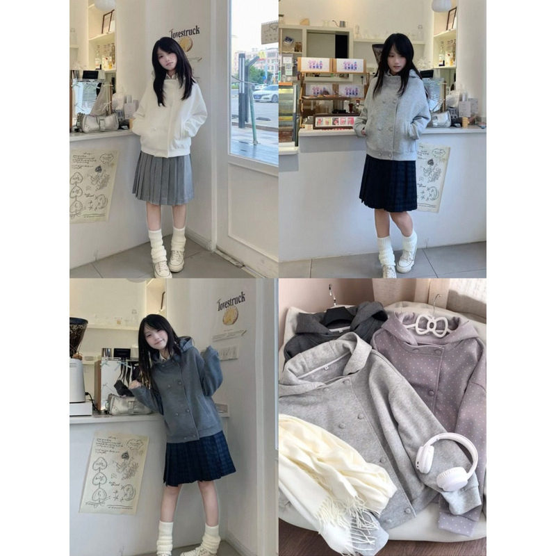 Sweet College-Style Hooded Sweatshirt with Long Sleeves and Double-Breasted Design, Japanese Campus Style, Suitable for Autumn and Winter Commuting Wear