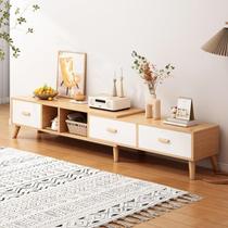 Retractable TV cabinet small apartment floor-standing modern simple living room household log style simple TV cabinet coffee table combination