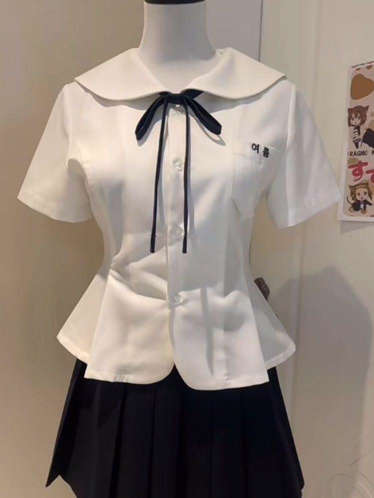 товар из китая 原创夏季新款jk制服短袖可爱风娃娃领日系学院风衬衫短裙两件套