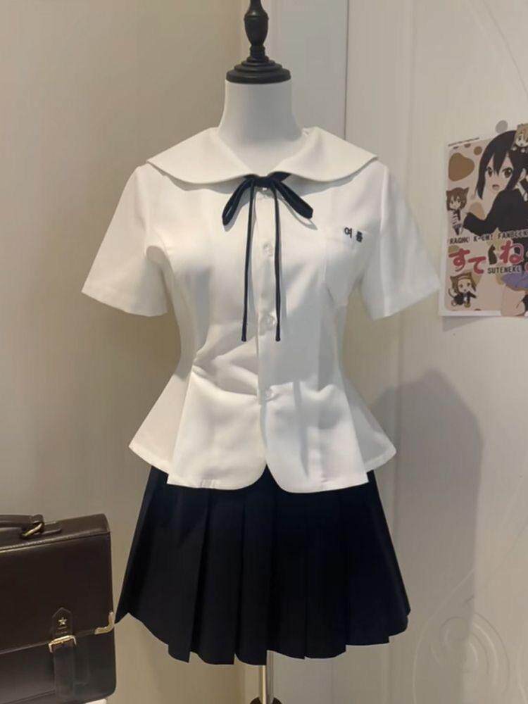 товар из китая 原创夏季新款jk制服短袖可爱风娃娃领日系学院风衬衫短裙两件套