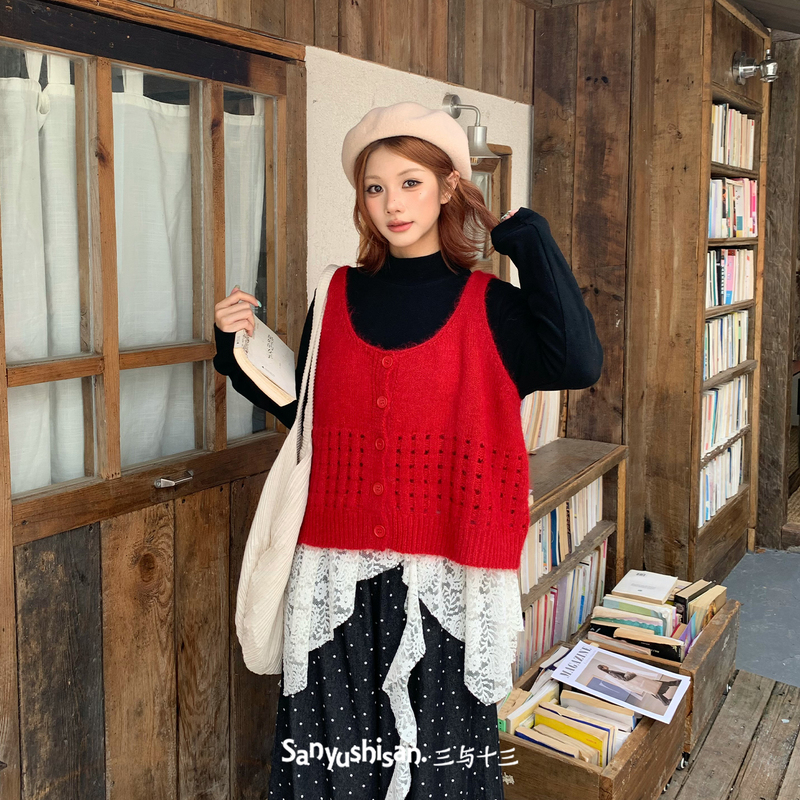 Three and Thirteen | Lazy Pinecone | Autumn Retro Hollow-Out Knitted Top for Women, Red Cardigan Vest for Women