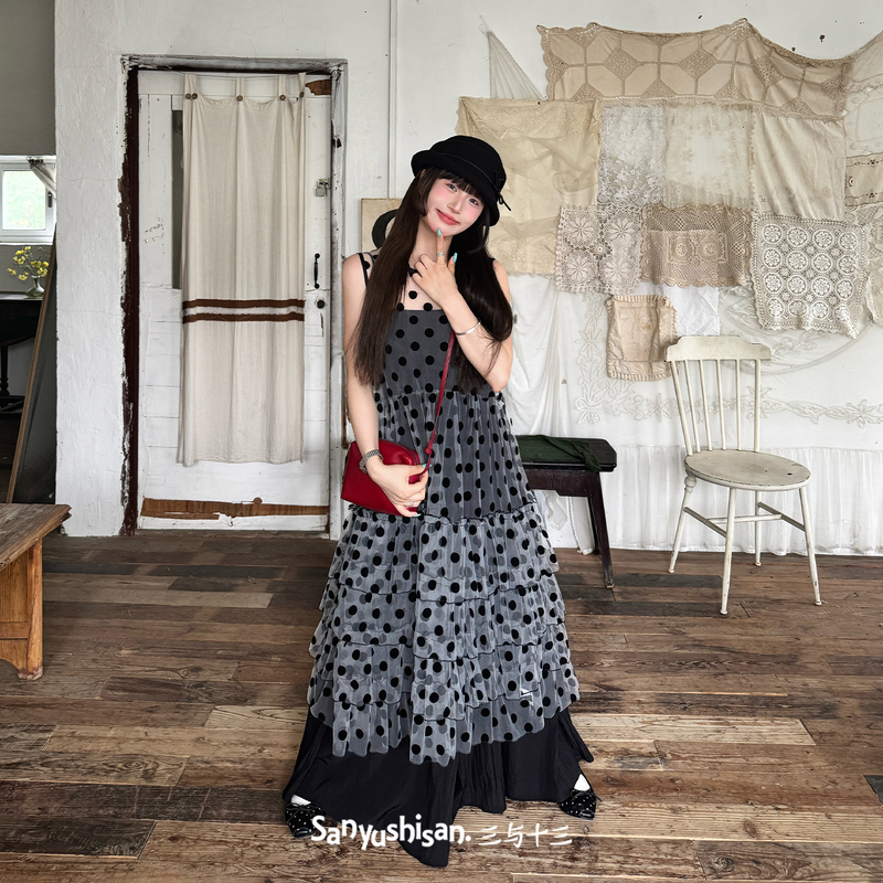 Three and Thirteen | Old-Fashioned Film | Summer Layered Slimming Tank Dress, Versatile Polka Dot Mesh Slightly See-Through Dress for Women