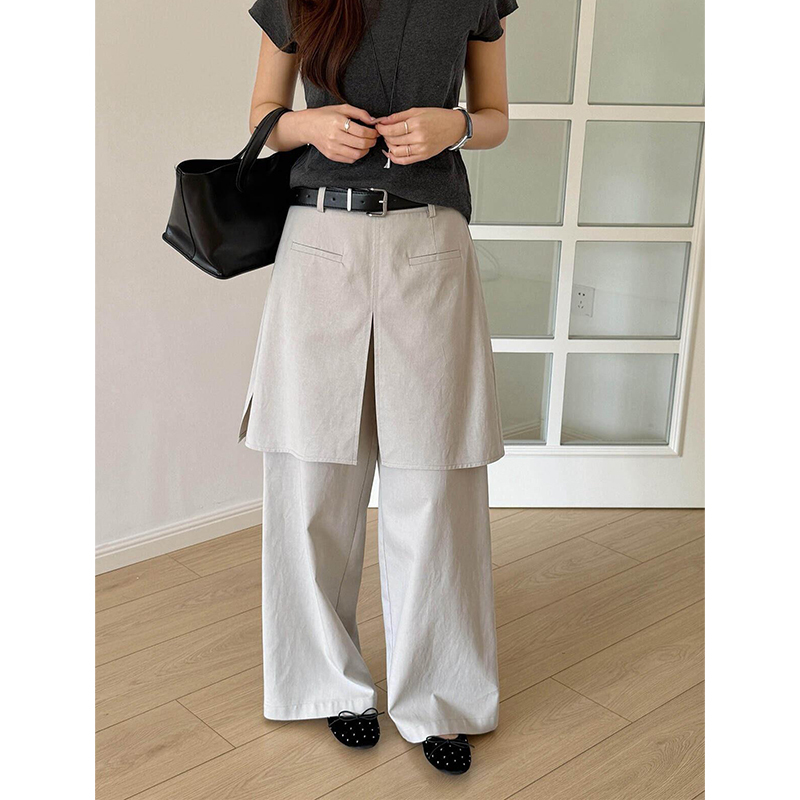 Korean-Style Faux Two-Piece Pants with a Draped Hem for Women, Summer 2026 New High-Waisted Straight-Leg Casual Pants, Old Money Style Wide-Leg Pants