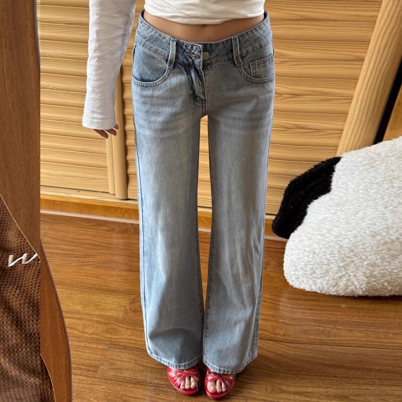 Myfc Low-Waisted Light Blue Jeans for Women 2025 New Style Non-Tight Wide-Leg Loose Versatile Trendy Straight-Leg Pants