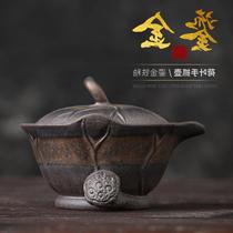 Lotus leaf hand-caught pot old rock mud gilded iron glaze Kung Fu tea set hand-made coarse pottery teapot tea bowl Sancai bowl