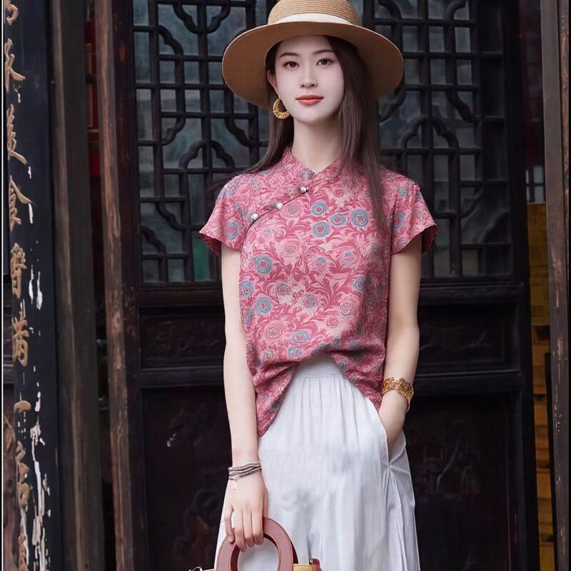 New Chinese Style 2025 National Style Short-Sleeve Shirt, Summer Split Hem, New Fashion Printed Top, Jacquard Elegant Stand Collar New Chinese Style 2025 National Style Short-Sleeve Shirt, Summer Split Hem, New Fashion Printed Top, Jacquard Elegant Stand Collar