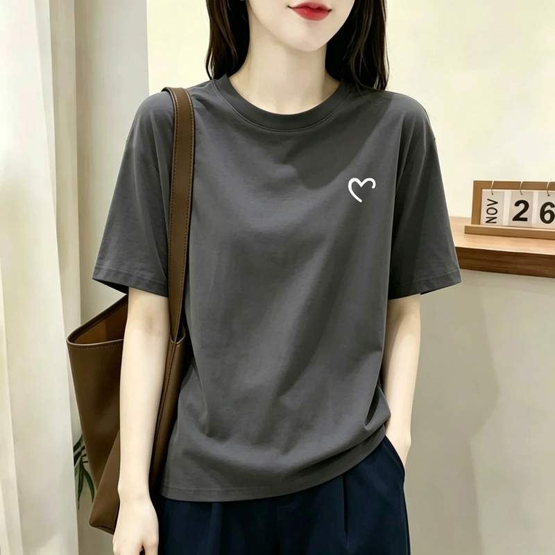 Gray Regular Shoulder Round Neck Summer 2026 New Short-Sleeve T-Shirt for Women, Pure Cotton, Loose Fit, Slimming, Casual, Versatile Top, Trendy Gray Regular Shoulder Round Neck Summer 2026 New Short-Sleeve T-Shirt for Women, Pure Cotton, Loose Fit, Slimming, Casual, Versatile Top, Trendy