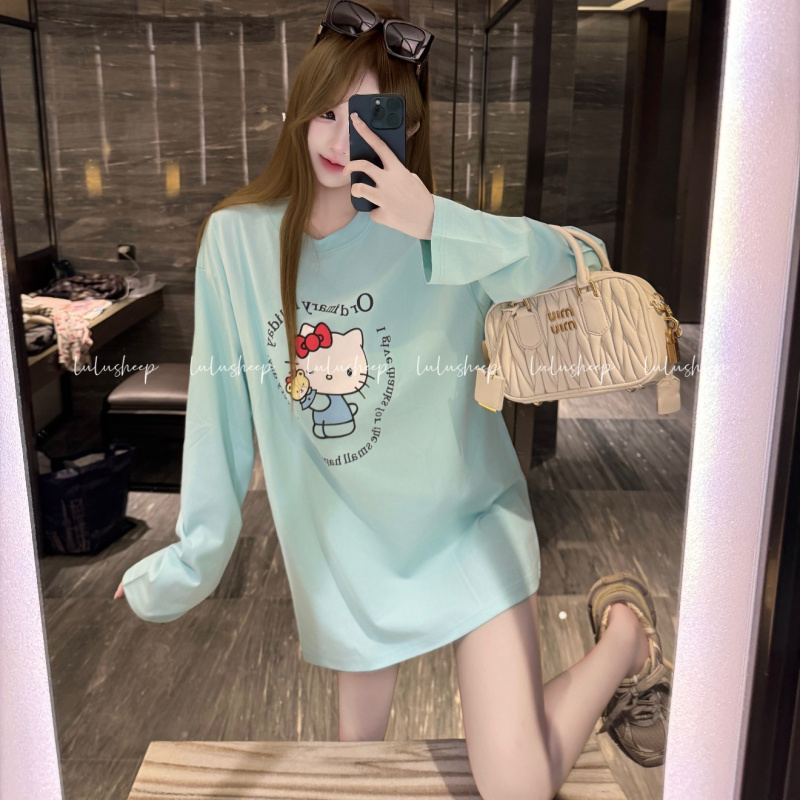 In Stock in Seoul! Kitty Cat Long-Sleeve T-Shirt, Loose Mid-Length Top, Lazy and Relaxed Style, Trendy Brand, Round Neck Base Layer In Stock in Seoul! Kitty Cat Long-Sleeve T-Shirt, Loose Mid-Length Top, Lazy and Relaxed Style, Trendy Brand, Round Neck Base Layer