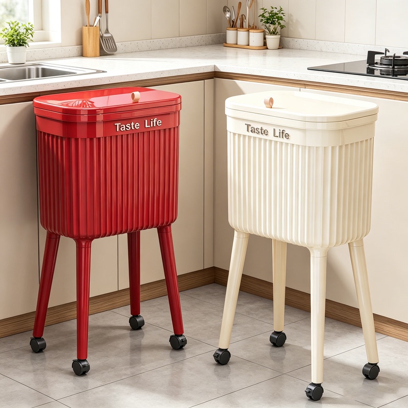 2025 New Model of High-Legged Kitchen Trash Can, No Need to Bend Over, for Home Use in the Living Room, Movable, with Lid, Stylish and Large Capacity 2025 New Model of High-Legged Kitchen Trash Can, No Need to Bend Over, for Home Use in the Living Room, Movable, with Lid, Stylish and Large Capacity