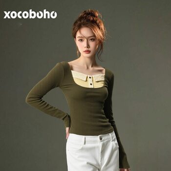 (in Stock) 2026 Spring Unique and Super Stylish Standalone Top, Niche Green Patchwork Inner Layer T-Shirt Base Shirt