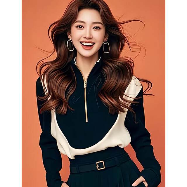 Korean-Style Chic Black and White Color-Blocking Half-Zip Sweatshirt, New Early Autumn Model, Cool and Stylish, Super Attractive and Stylish Top