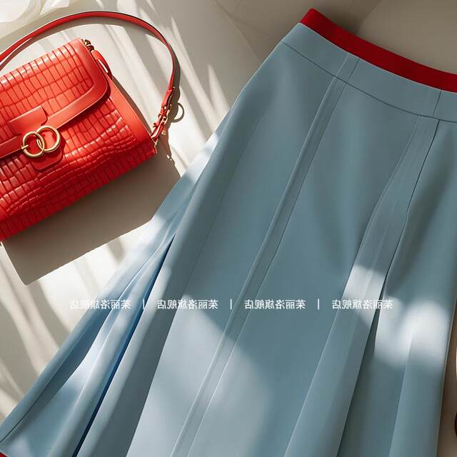 Niche Design, High-End, Light Luxury, Super Stylish, Fashionable, Versatile, Unique, Exquisite Blue Color-Blocked Midi Skirt for Women