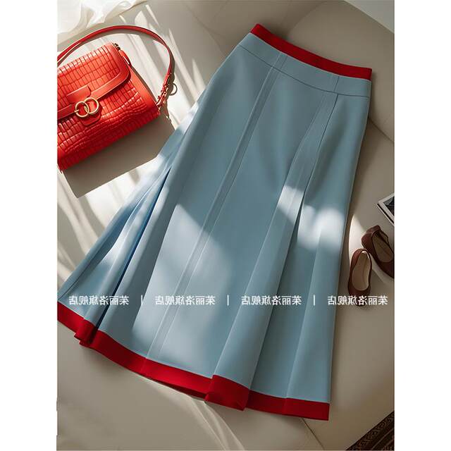 Niche Design, High-End, Light Luxury, Super Stylish, Fashionable, Versatile, Unique, Exquisite Blue Color-Blocked Midi Skirt for Women