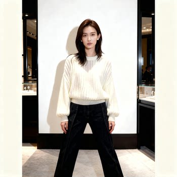 (in Stock) 2025 Winter Korean Style Elegant and Fashionable Niche Outfit Jacquard White Crew Neck Sweater with a Lazy Style